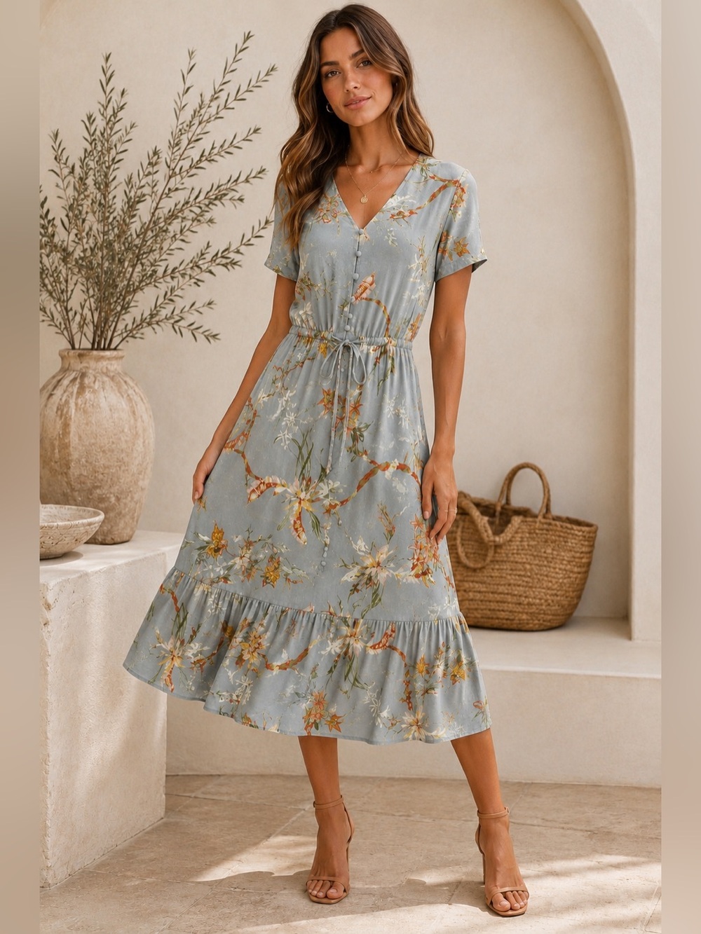 ANKO Floral V-Neck Button Front Tie Waist Midi Dress Blue Grey Sz 2 Ruffle